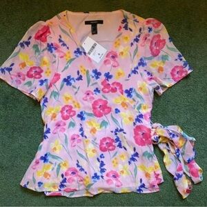 NWT Forever 21 Pink Blue Floral Short Sleeve Vintage Style Wrap Top Size Small